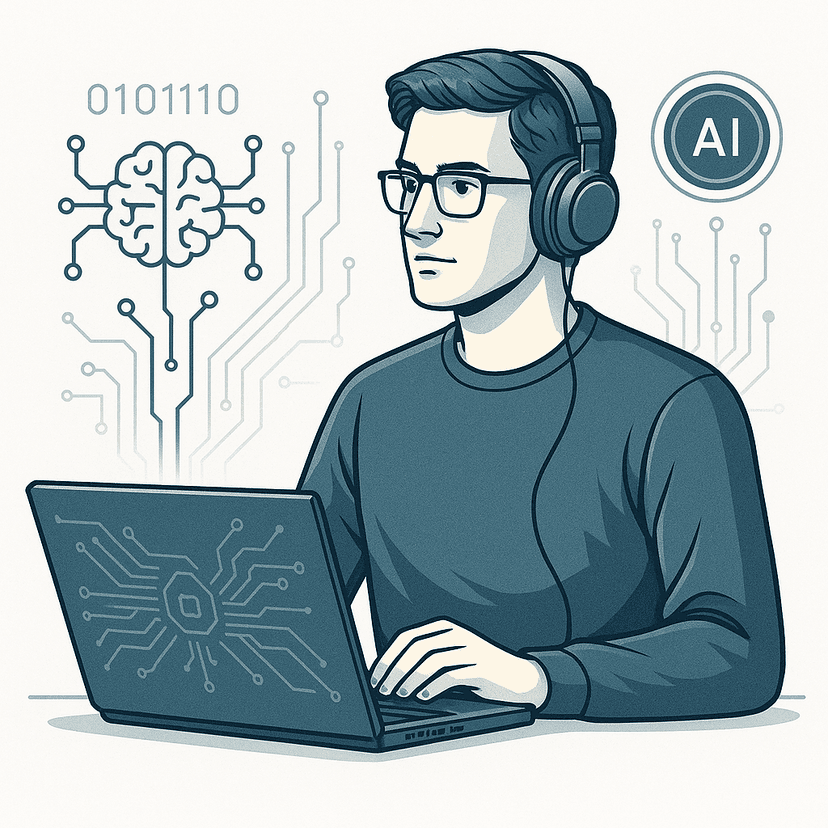 KI-generierte Illustration: KI-Entwicker mit Laptop